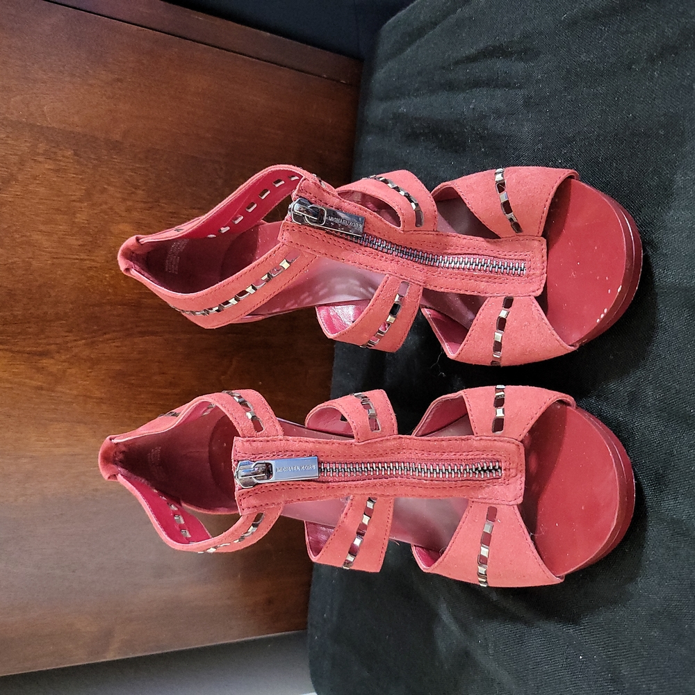 Red heeled sandals by Michael Kors, size 8.5